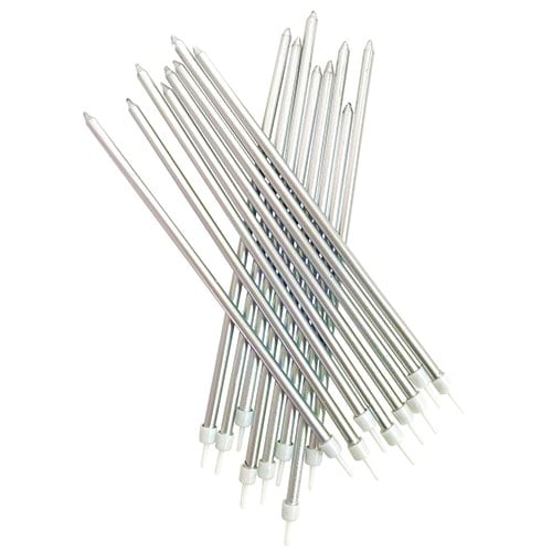 Metallic Silver Extra Tall Cake Candles With Holders 18cm - Pack of 16 Product Image