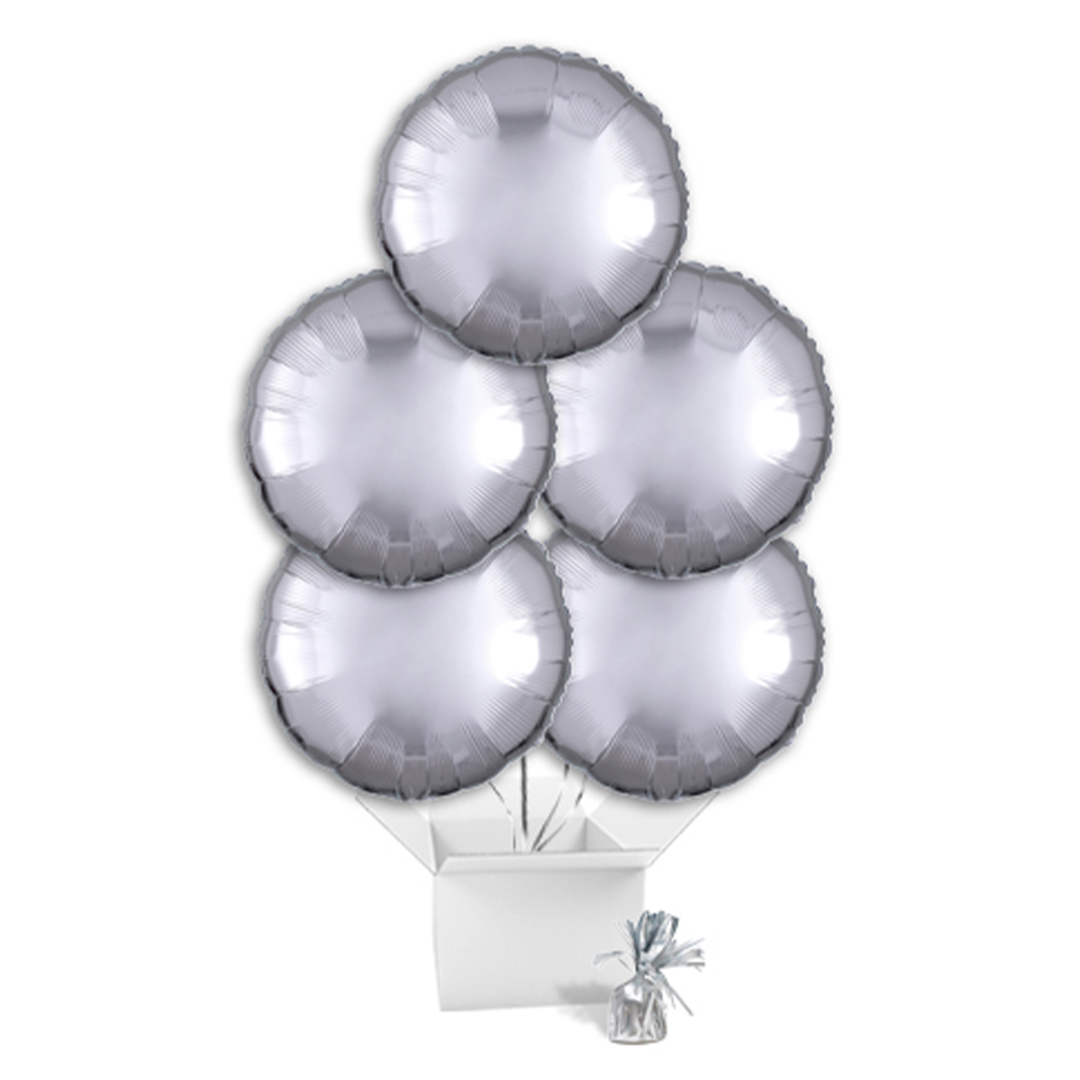 Metallic Silver Round Foil Balloon Bouquet - 5 Inflated Balloons in a Box