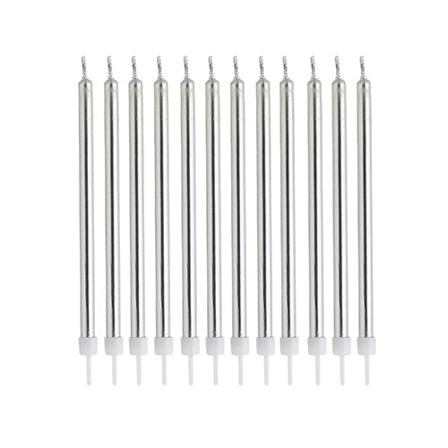 Metallic Silver Skinny Birthday Candles with Holders - Pack of 12 Product Gallery Image