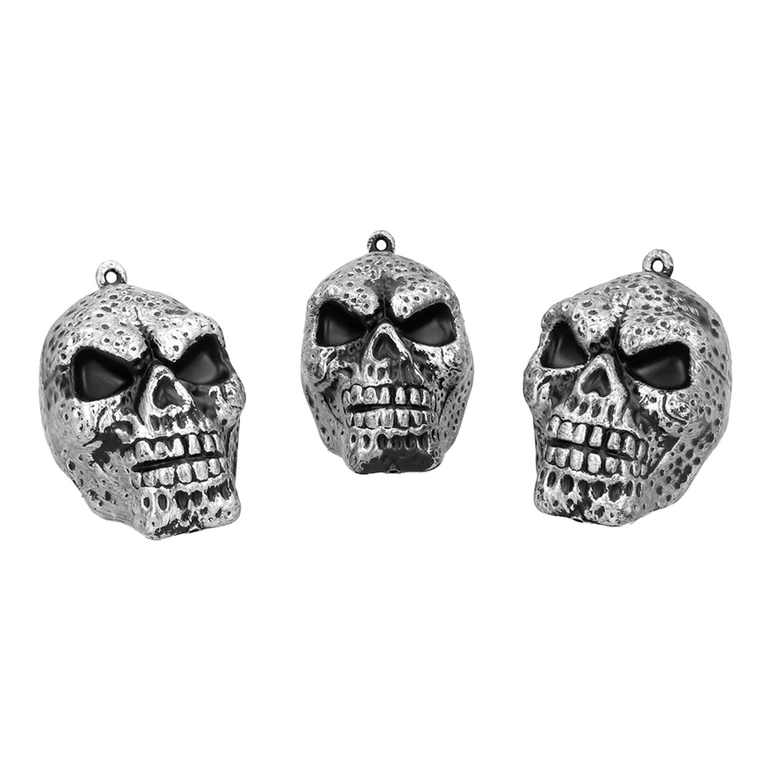 Metallic Silver Skull Halloween Plastic Prop Hanging Decorations 11cm - Pack of 3