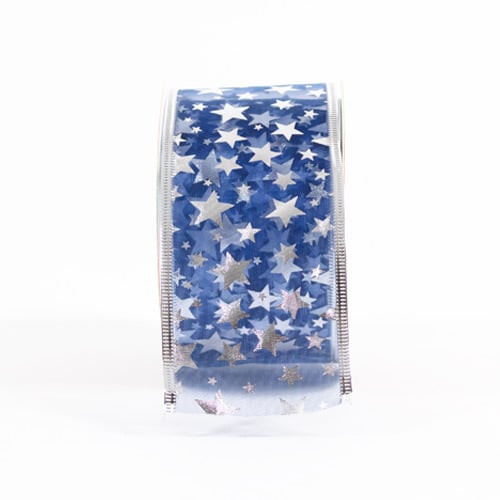 Metallic Silver Stars Navy Blue Luxury Christmas Decorative Wired Ribbon Reel 3m Product Gallery Image