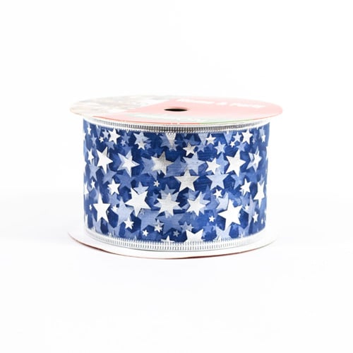 Metallic Silver Stars Navy Blue Luxury Christmas Decorative Wired Ribbon Reel 3m Product Gallery Image