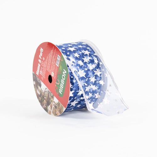Metallic Silver Stars Navy Blue Luxury Christmas Decorative Wired Ribbon Reel 3m Product Gallery Image