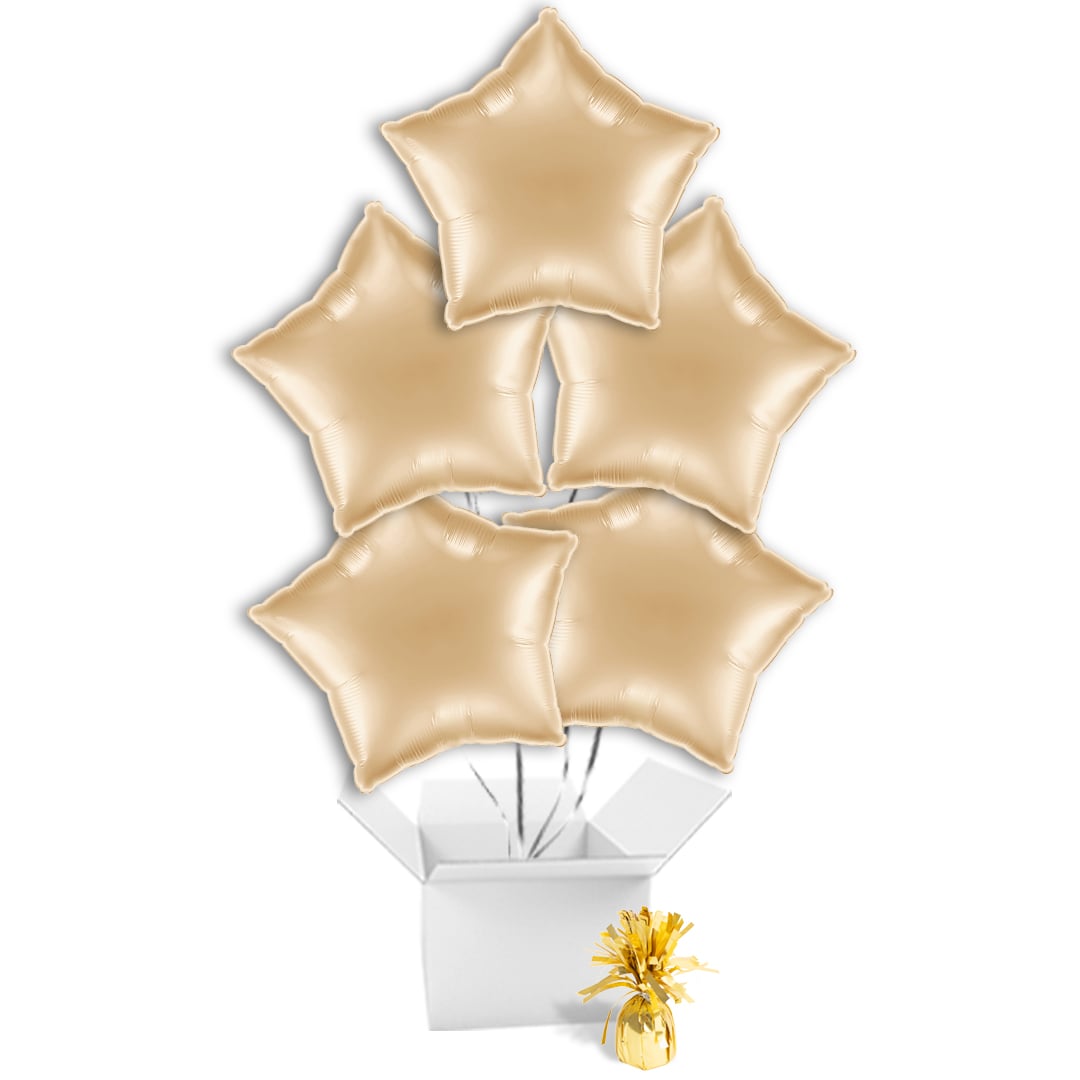 Metallic White Gold Star Shaped Foil Balloon Bouquet - 5 Inflated Balloons In A Box