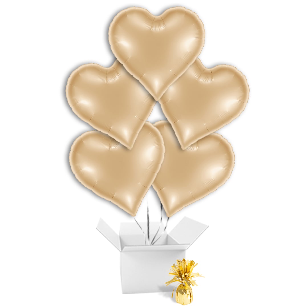 Metallic White Gold Sweetie Heart Shaped Foil Balloon Bouquet - 5 Inflated Balloons In A Box