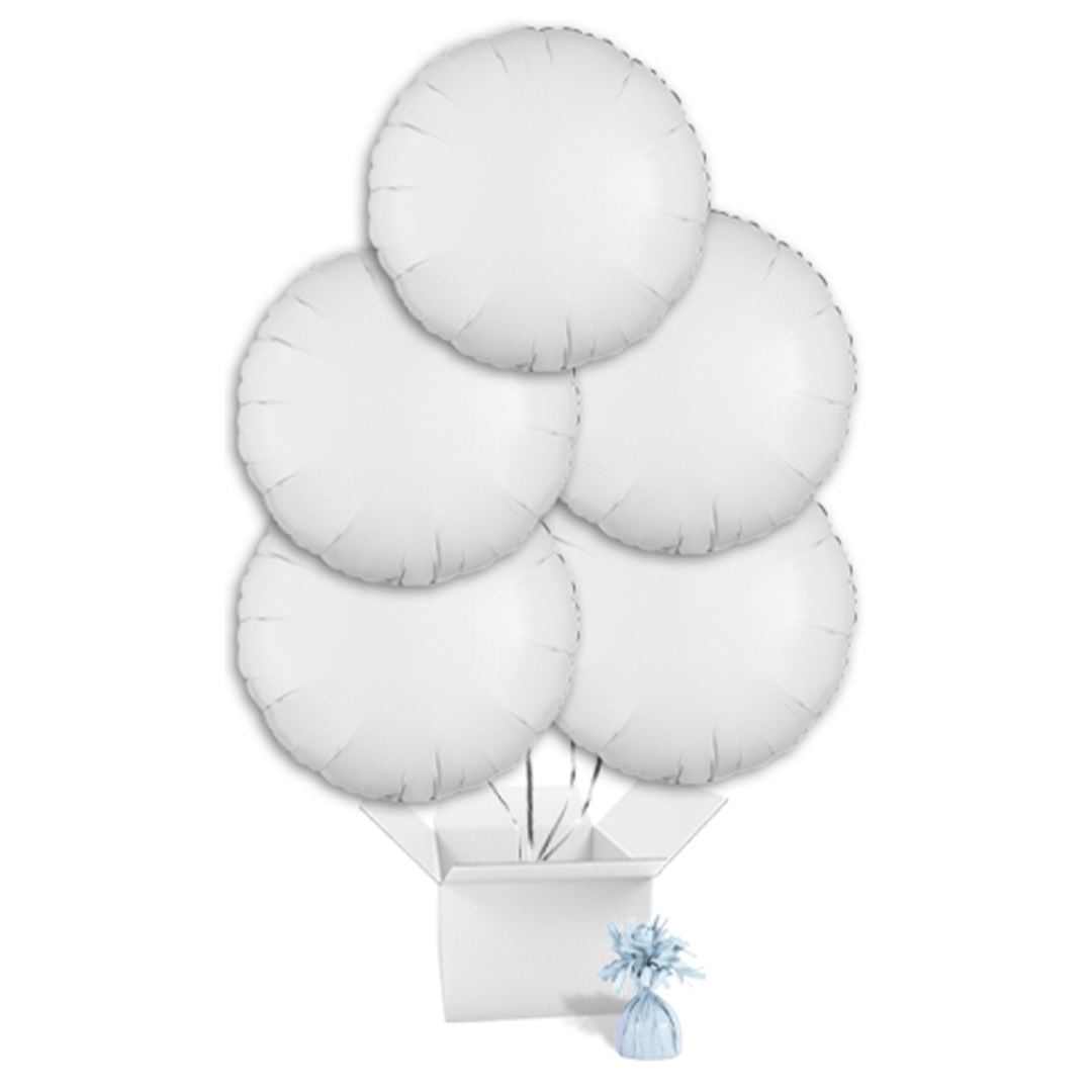 Metallic White Round Foil Balloon Bouquet - 5 Inflated Balloons in a Box
