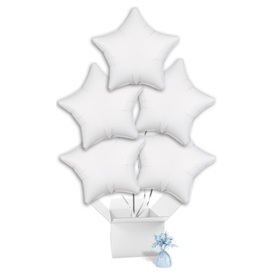 Metallic White Star Foil Balloon Bouquet - 5 Inflated Balloons in a Box