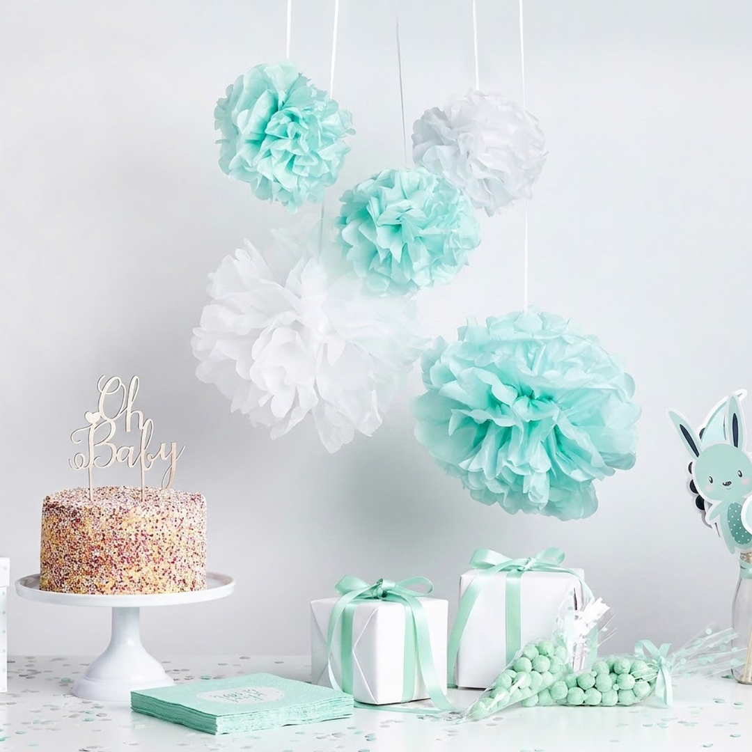 Mint Green & White Pom Poms Paper Hanging Decorations - Pack of 5 View 2