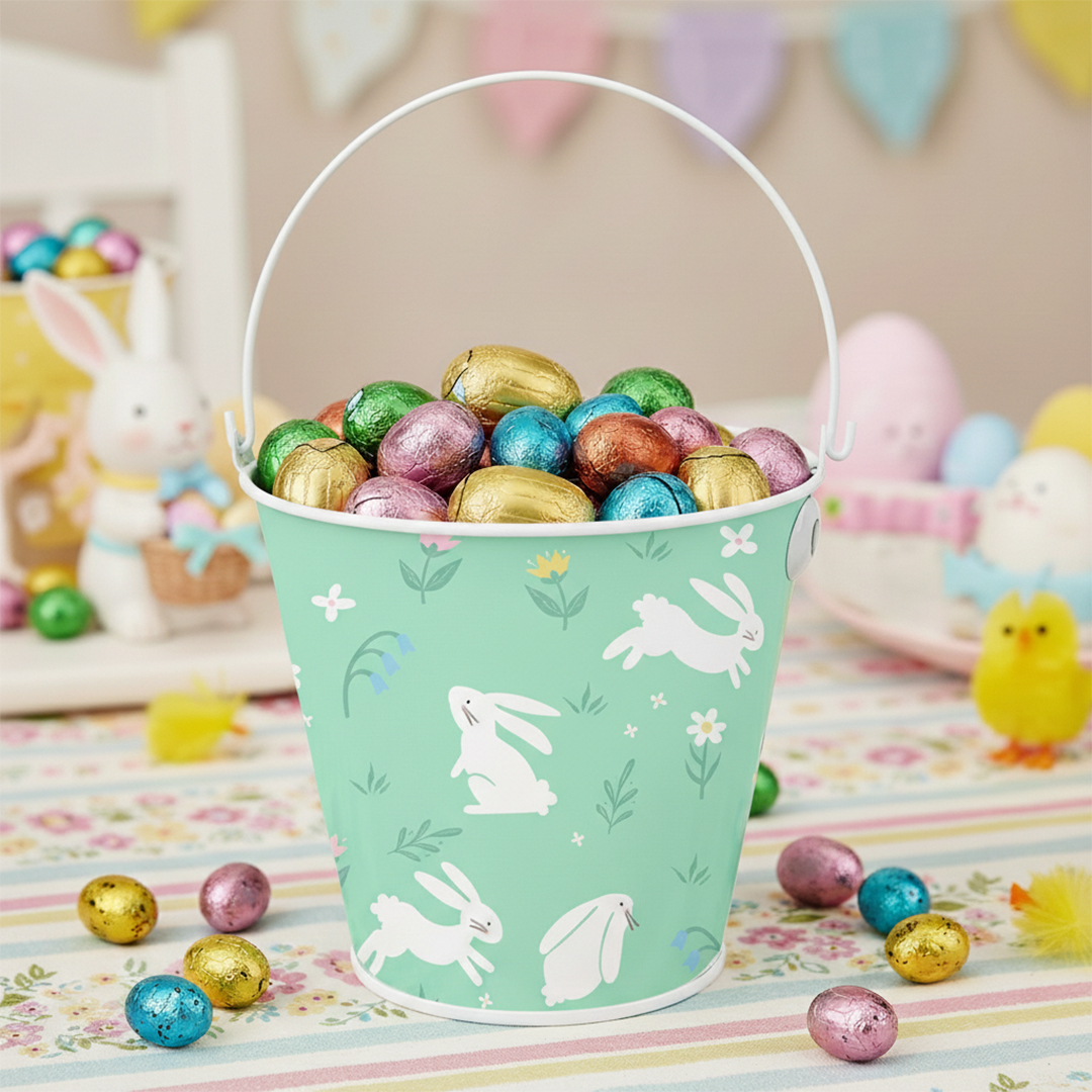 Mint Green Bunnies Easter Egg Hunt Tin Bucket 16cm