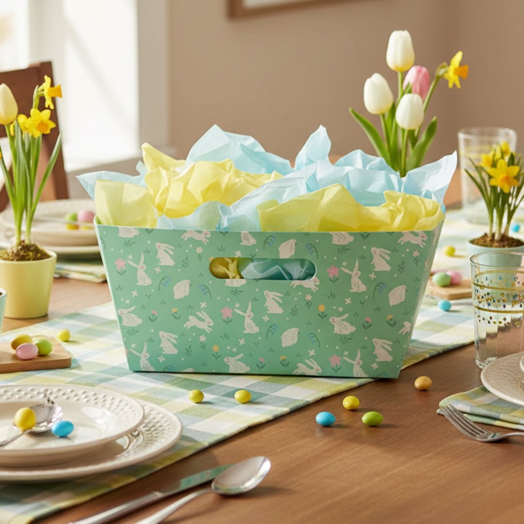 Mint Green Floral Bunnies Easter Rectangular Hamper Basket 33cm