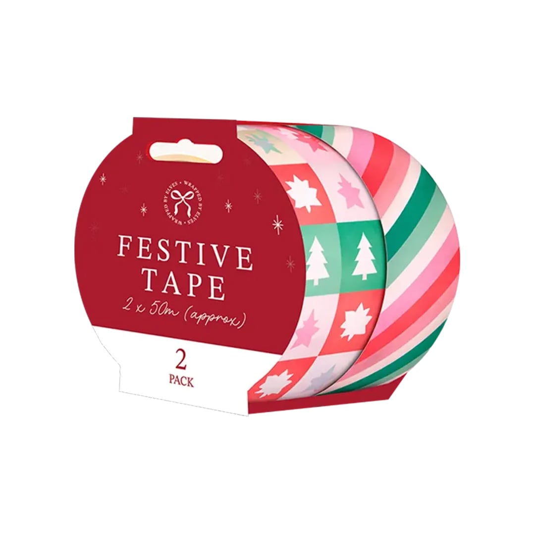 Modern Pink & Green Trees & Stripes Christmas Printed Masking Tape 50m - Pack of 2
