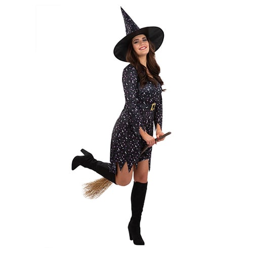 Moon & Stars Witch Black Fancy Dress Costume Ladies Extra Small - UK 4-6 Product Gallery Image