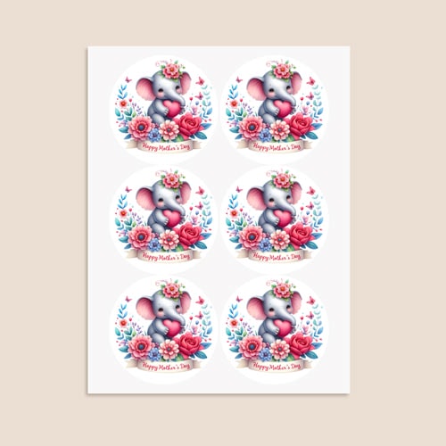 Mother's Day Elephant Round Stickers 88mm - Sheet of 6 Product Gallery Image