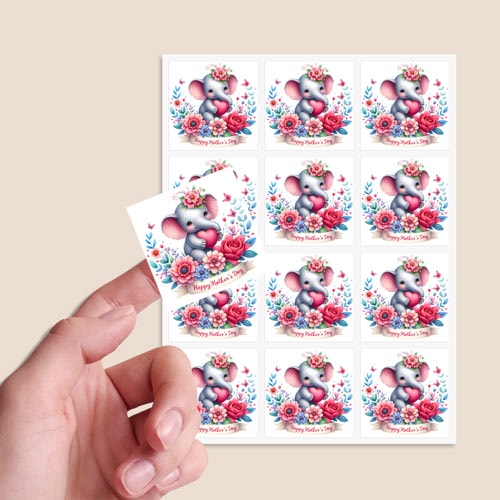 Mother's Day Elephant Square Stickers 65mm - Sheet of 12 Product Gallery Image