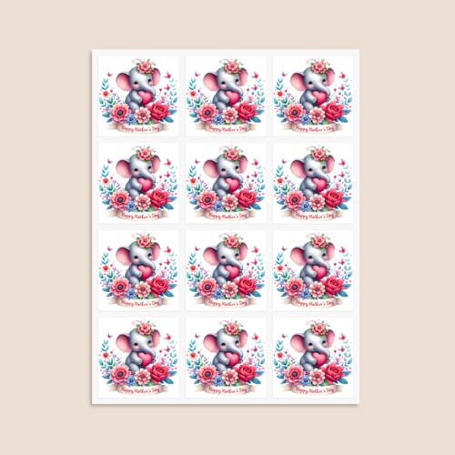 Mother's Day Elephant Square Stickers 65mm - Sheet of 12 Product Gallery Image