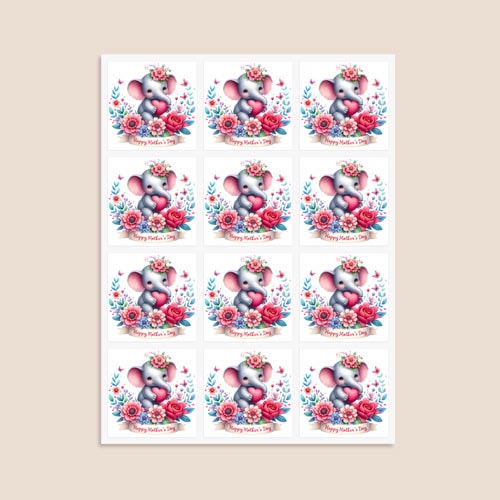 Mother's Day Elephant Square Stickers 65mm - Sheet of 12 Product Gallery Image