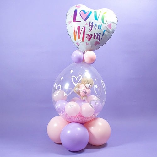 Mother's Day Love You Mum Hand Drawn Hearts Stuffed Balloon Display Keepsake Gift with Mum Teddy Bear - Inflated Balloon In A Box Product Gallery Image