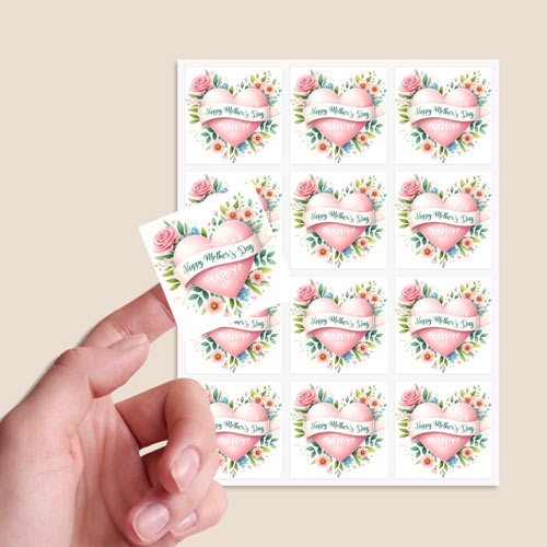 Mother's Day Pink Heart Square Stickers 65mm - Sheet of 12 Product Gallery Image