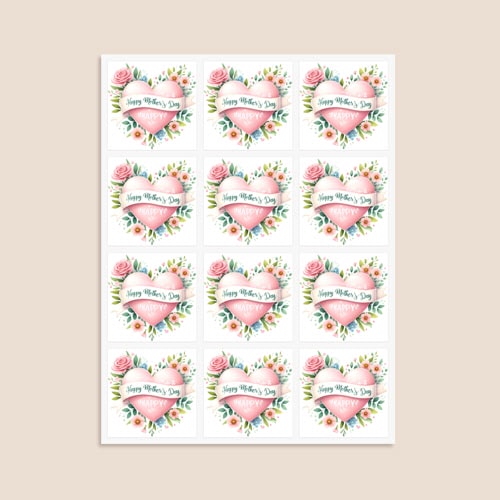 Mother's Day Pink Heart Square Stickers 65mm - Sheet of 12 Product Gallery Image