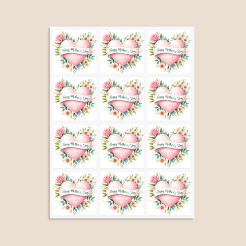 Mother's Day Pink Heart Square Stickers 65mm - Sheet of 12 Product Gallery Image