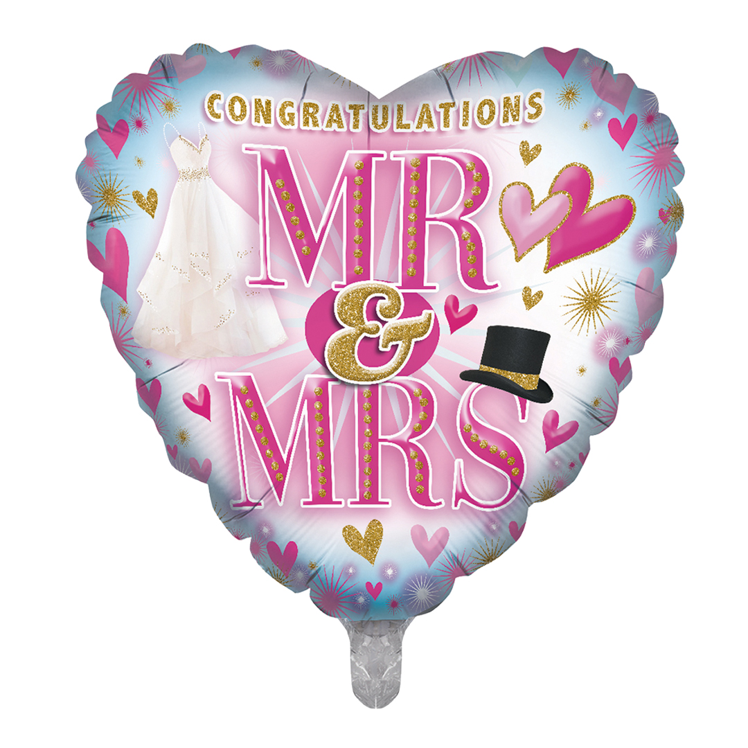 Mr & Mrs Congratulations Wedding Heart Shaped Foil Helium Balloon 46cm / 18 in