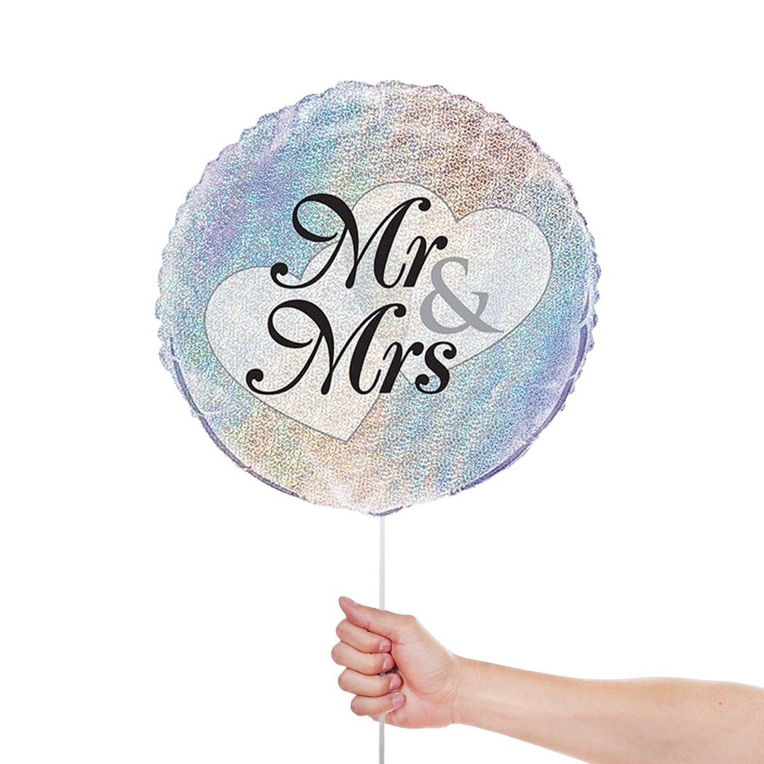 Mr & Mrs Holographic Wedding Round Foil Helium Balloon 46cm / 18 in Product Gallery Image