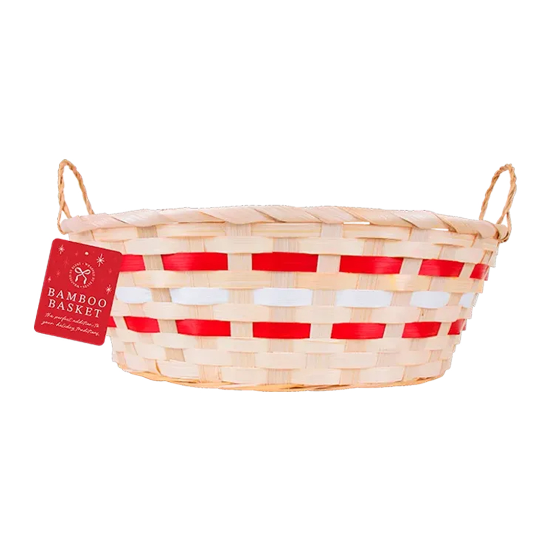 Natural with Red & White Details Woven Oval Bamboo Christmas Basket with Handles 33cm