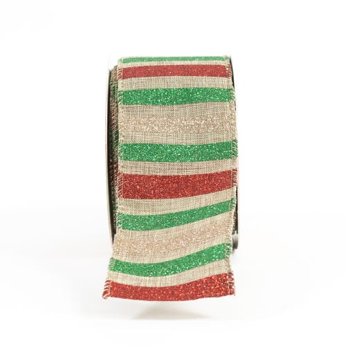 Natural with Red and Green Glitter Stripes Luxury Christmas Decorative Wired Ribbon Reel 3m Product Gallery Image