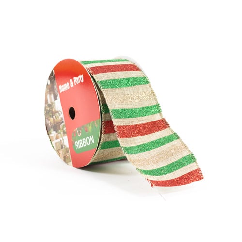 Natural with Red and Green Glitter Stripes Luxury Christmas Decorative Wired Ribbon Reel 3m Product Gallery Image