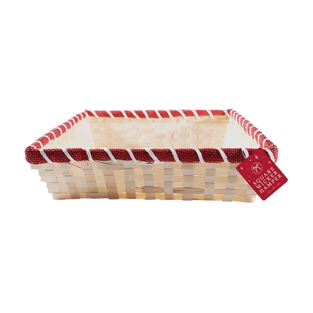 Natural with Red Trim Woven Wicker Square Christmas Hamper Gift Basket 33cm