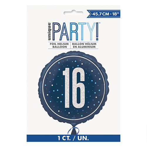 Navy Blue Age 16 Holographic Round Foil Helium Balloon 46cm / 18 in Product Gallery Image