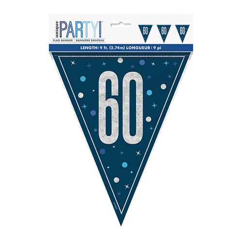 Navy Blue Glitz 60th Birthday Holographic Foil Pennant Bunting 274cm Product Gallery Image