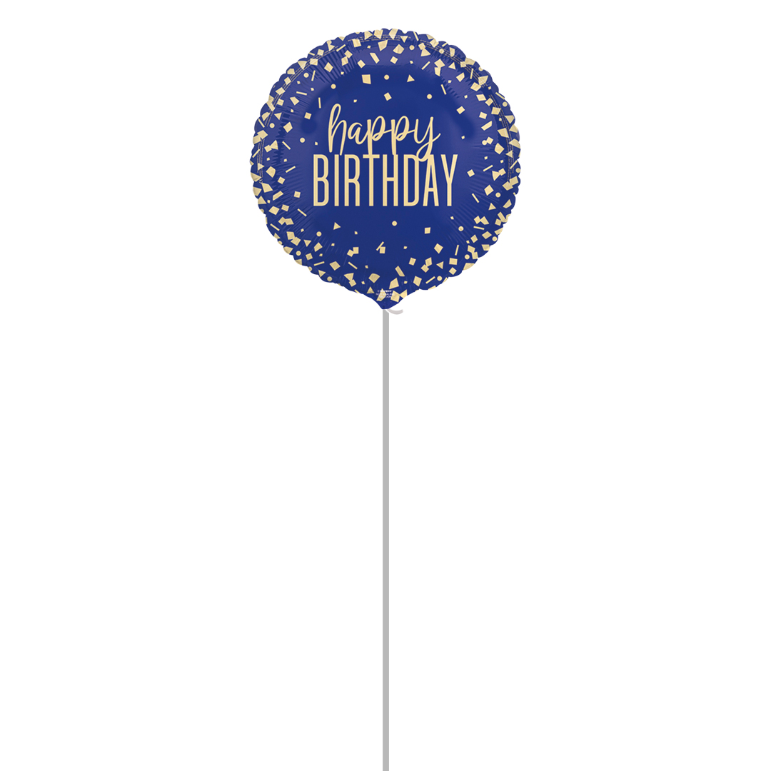 Navy Blue Happy Birthday Gold Confetti Round Foil Balloon - Inflated Balloon In A Box Product Gallery Image