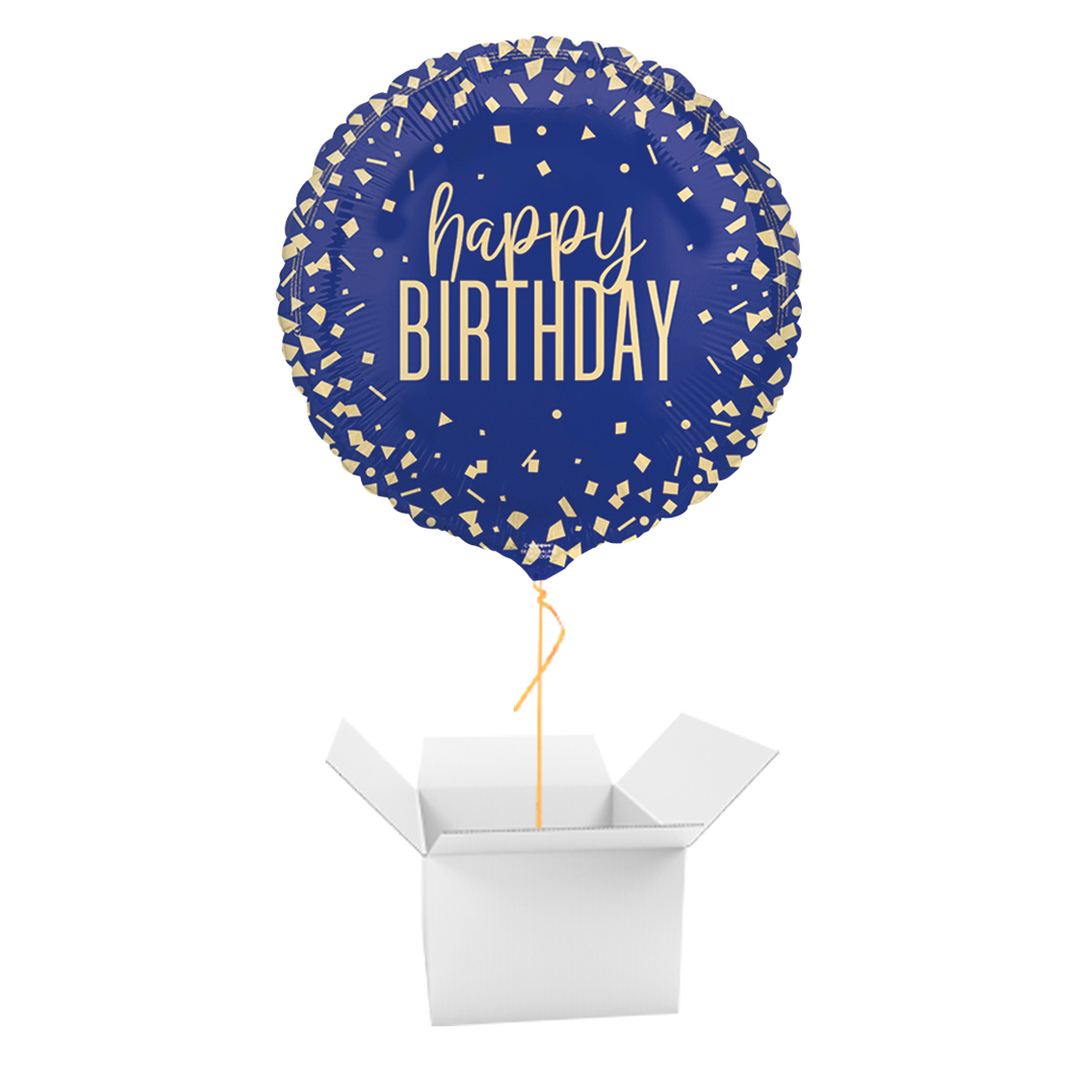 Navy Blue Happy Birthday Gold Confetti Round Foil Balloon - Inflated Balloon In A Box