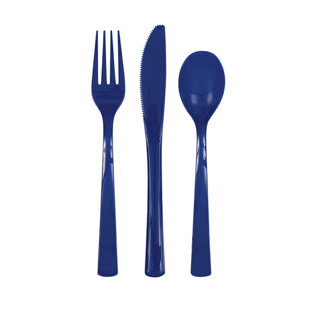 Navy Blue Plastic Reusable Assorted Cutlery Set - Pack of 18