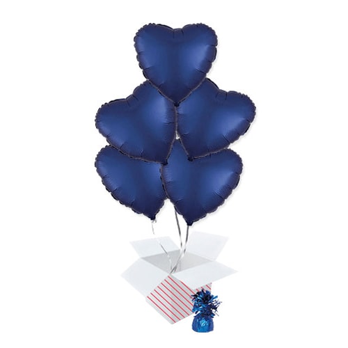 Navy Blue Satin Luxe Heart Shape Foil Helium Balloon Bouquet - 5 Inflated Balloons In A Box Product Gallery Image