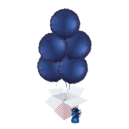 Navy Blue Satin Luxe Round Shape Foil Helium Balloon Bouquet - 5 Inflated Balloons In A Box Product Gallery Image
