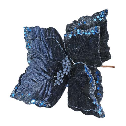Navy Blue Velvet Christmas Poinsettia with Glitter Detail Artificial Flower Decoration 32cm Product Image