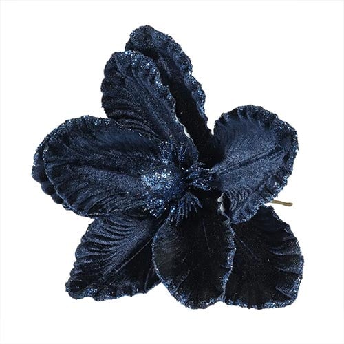 Navy Blue Velvet Magnolia with Glitter Edge Artificial Flower Decoration 26cm Product Image