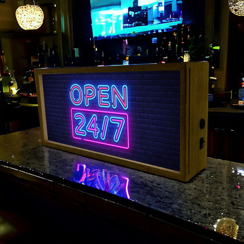 Neon Open 24/7 LED Light Box Wood Room Sign Product Gallery Image