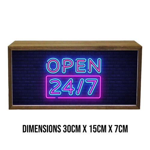 Neon Open 24/7 LED Light Box Wood Room Sign Product Gallery Image