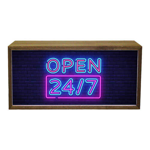 Neon Open 24/7 LED Light Box Wood Room Sign Product Gallery Image