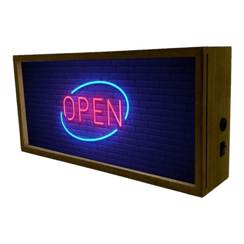 Neon Open LED Light Box Wood Room Sign Product Gallery Image