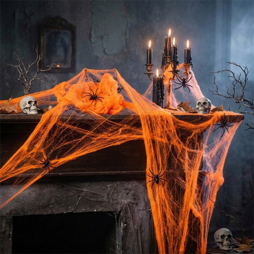 Neon Orange UV Blacklight Cobweb with Plastic Spiders Halloween Decoration 60g