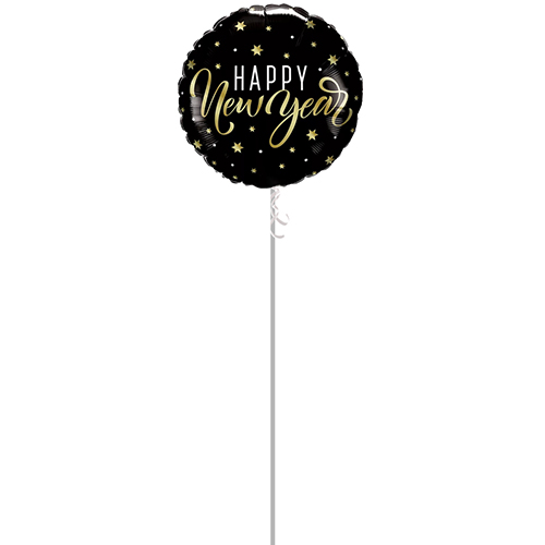 New Year Gold Stars Round Foil Helium Balloon - Inflated Balloon in a Box