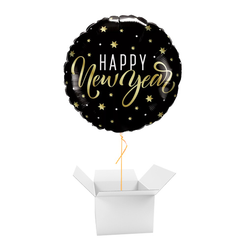 New Year Gold Stars Round Foil Helium Balloon - Inflated Balloon in a Box Product Gallery Image