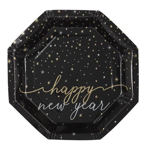 New Year's Eve Black and Gold Stars Octagon Shaped Paper Plates 21cm - Pack of 8