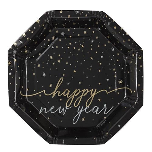 New Year's Eve Black and Gold Stars Octagon Shaped Paper Plates 21cm - Pack of 8 Product Image