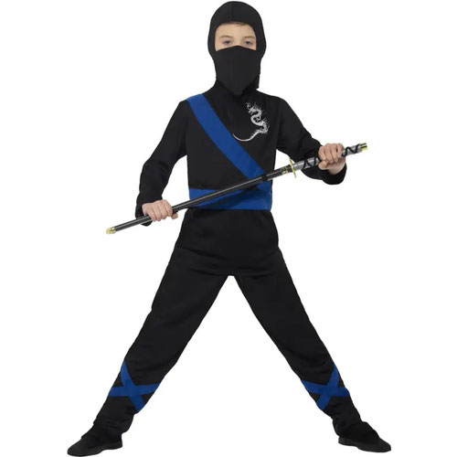 Ninja Assassin Black & Blue Fancy Dress Costume Kids Unisex Medium - Age 7-9