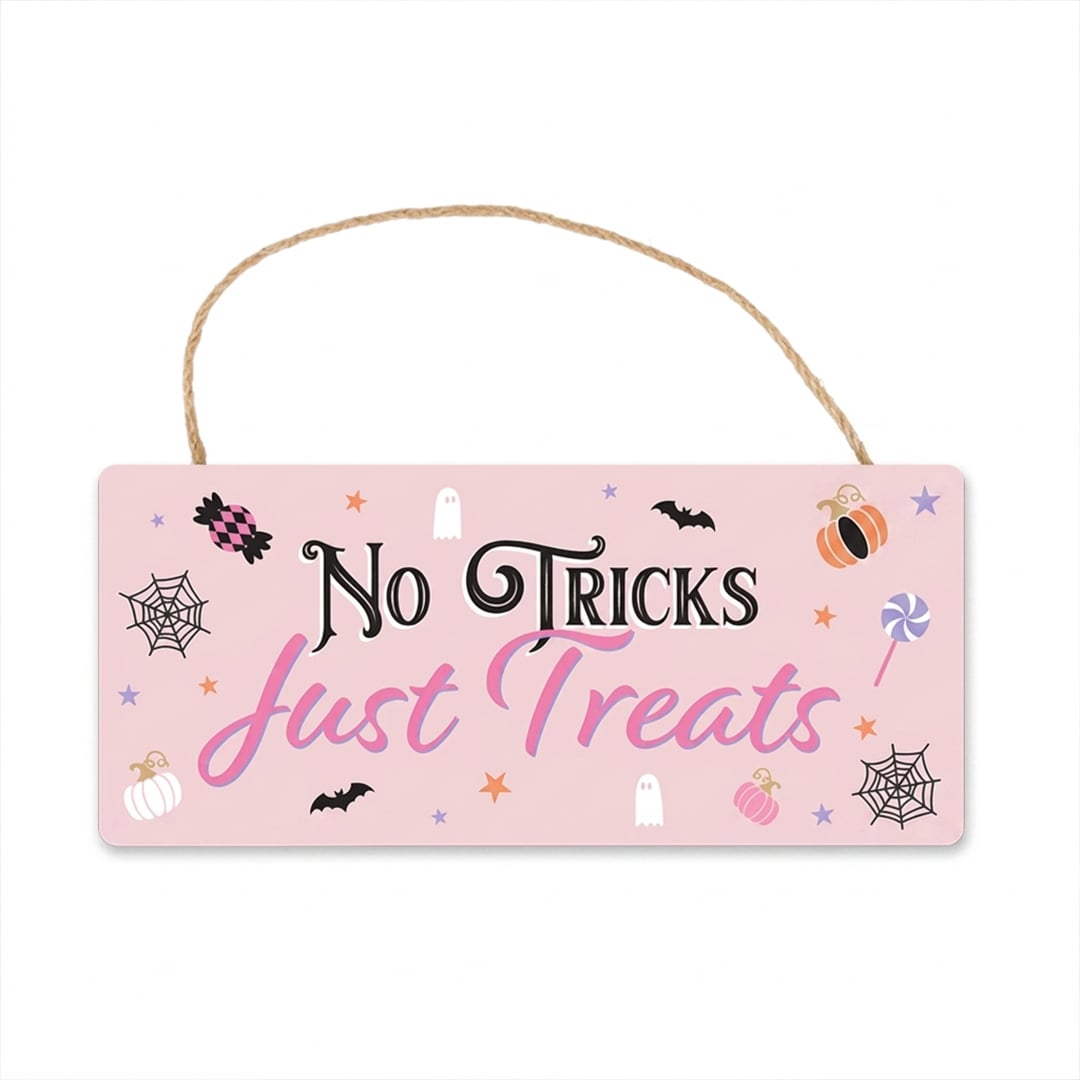 No Tricks Just Treats Halloween Pink Wooden Hanging Sign 25cm